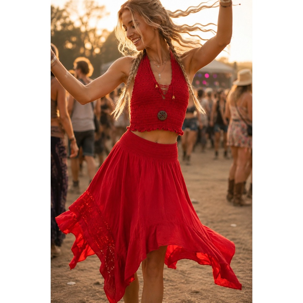 Native Import Red Cotton Crochet Boho Halter Top Skirt Set Y2K